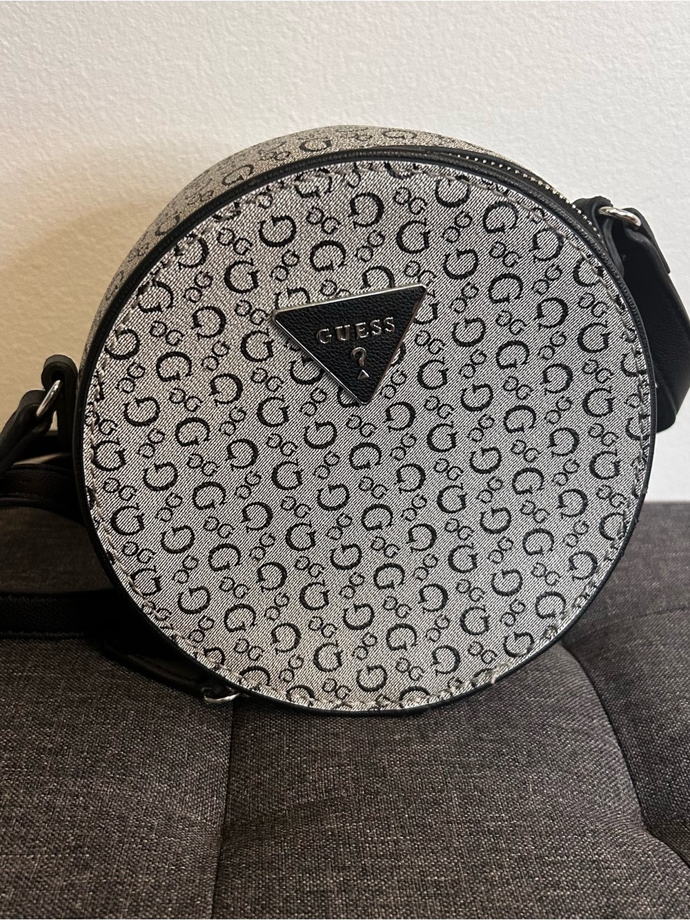 Guess Round Monogram Crossbody in Black and White